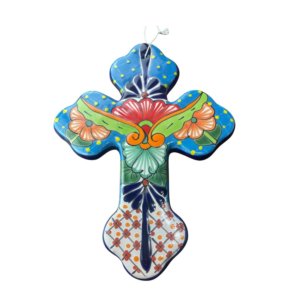 Talavera Mexican Pottery Wall Cross Hand Painted Floral Ceramic Blue 10 Inch